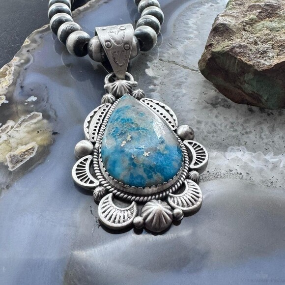 Sterling Silver Southwestern Style Teardrop Iranian Turquoise Decorated Pendant - Picture 4 of 10